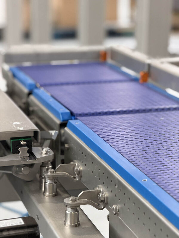 Blue modular chain conveyor on the Rivo +load production line